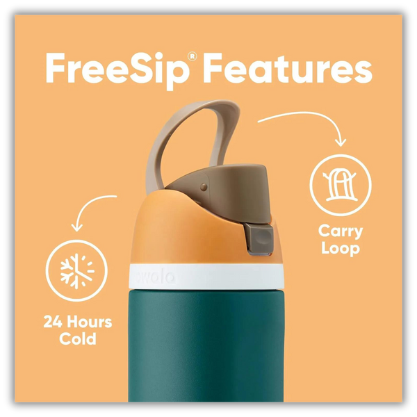a green and orange water bottle with the words freesip features : 24 hours cold, carry loop on it