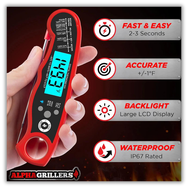 a person holding a digital thermometer in their hand with the words "fast, accurate, backlight and easy to use"
