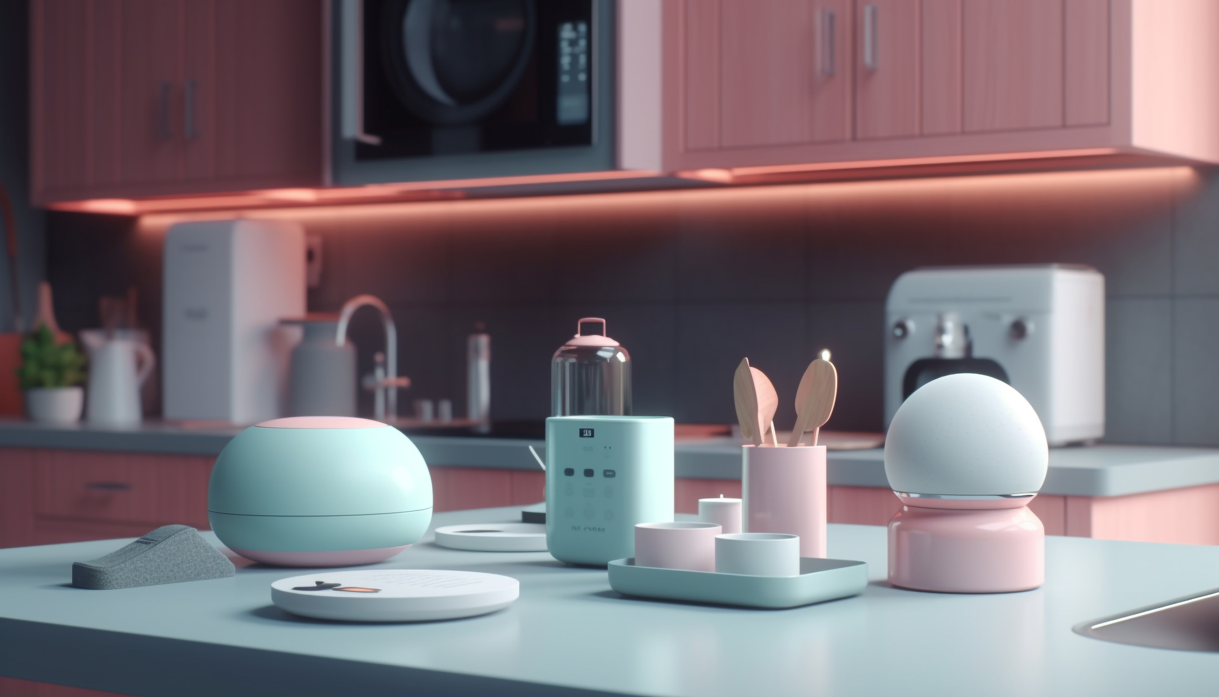 a modern kitchen counter with various items on it