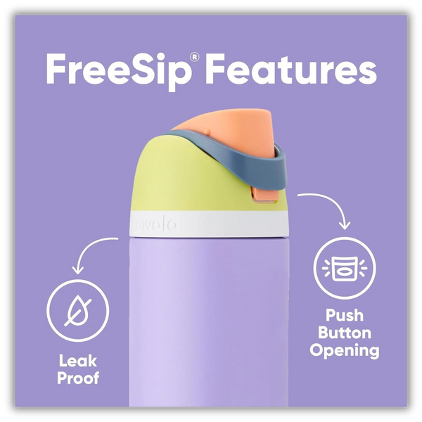 a purple bottle with the words freesip features on it